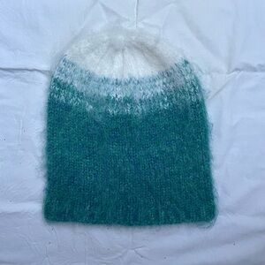 Anthropologie Teal and White Fuzzy Knit Beanie